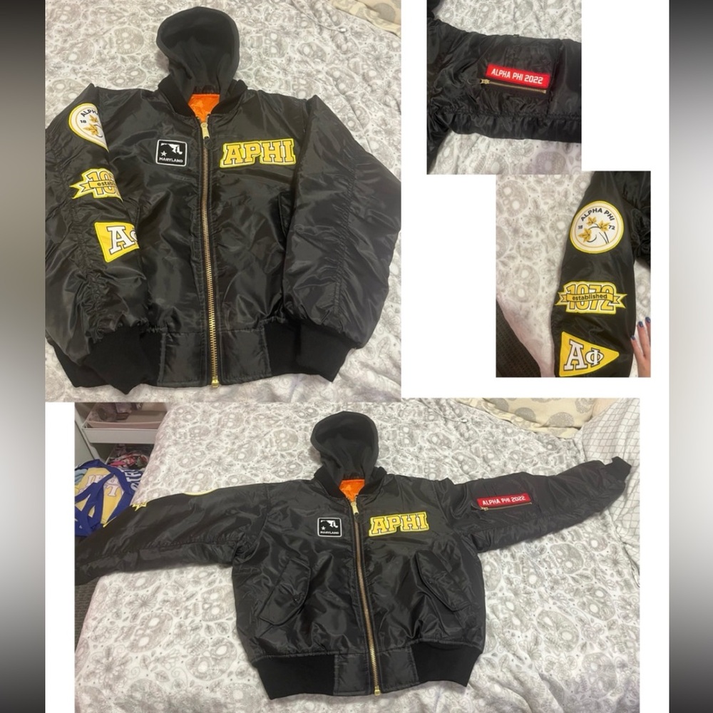 Alpha Phi sorority bomber jacket w/ a hood (hoodie material) & Alpha Phi patches